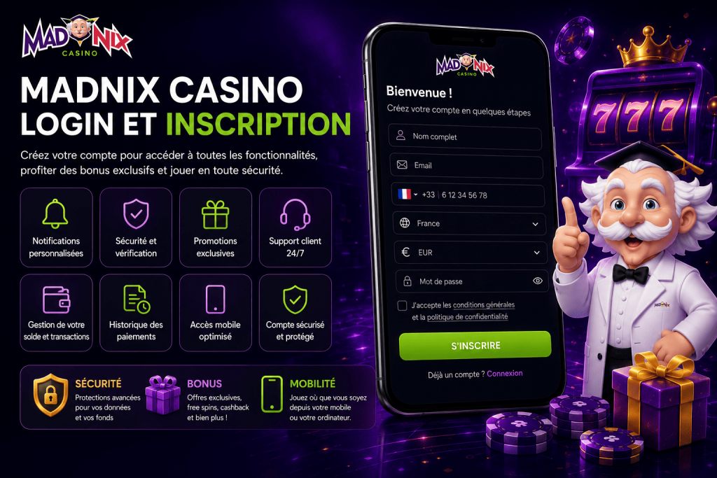 Madnix Casino Login et inscription avec accès sécurisé au compte, bonus et gestion du profil