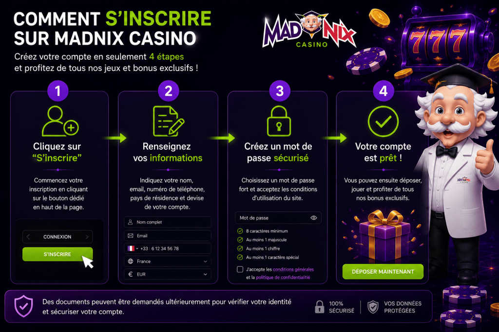 Étapes d’inscription sur Madnix Casino avec création de compte, mot de passe sécurisé et validation