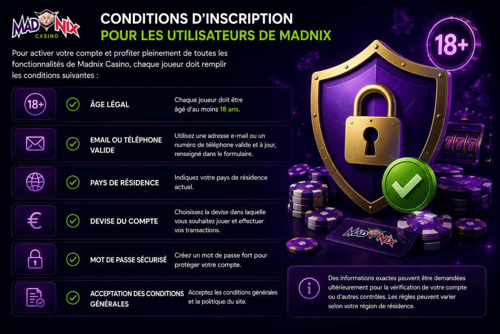 Conditions d’inscription sur Madnix Casino avec âge légal, e-mail valide, pays, devise et mot de passe sécurisé