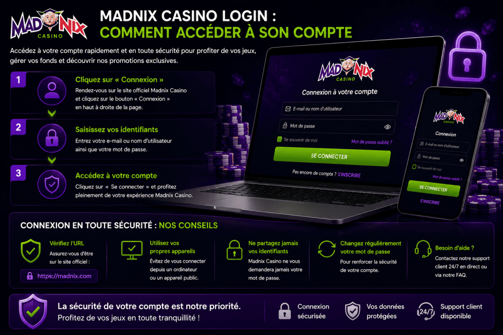 Connexion à Madnix Casino depuis ordinateur et mobile avec accès sécurisé au compte joueur