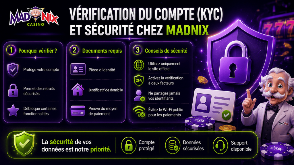 Vérification du compte KYC chez Madnix Casino avec documents requis, sécurité des données et protection du profil